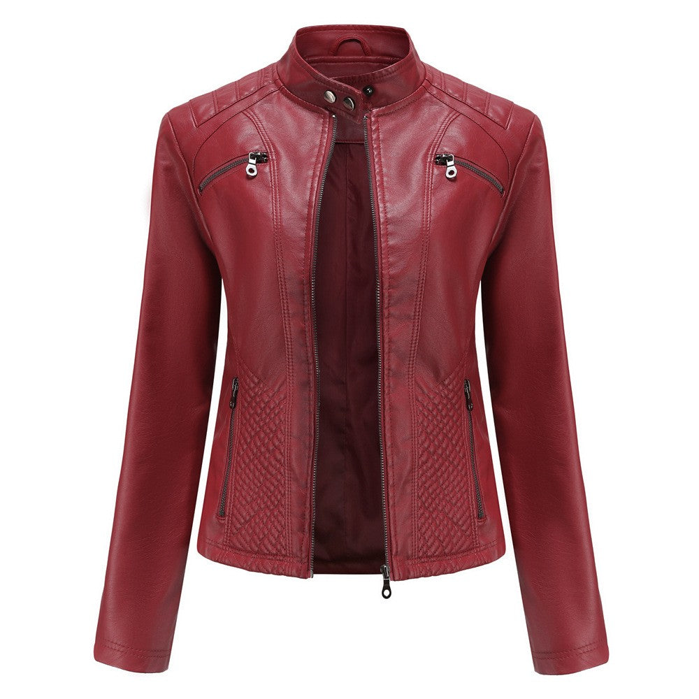 2025 Autumn Women's Black Moto Biker Zipper Jacket, Red Apricot Coffee PU Coat, Light Purple Outerwear.