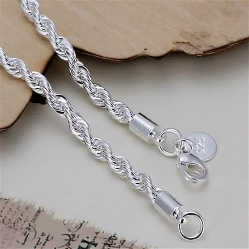 Braceletes de Corrente Torcida de Prata Esterlina 925 4MM para Mulheres e Homens, Joias Masculinas de Prata Minimalistas da Moda, Presentes para Casais