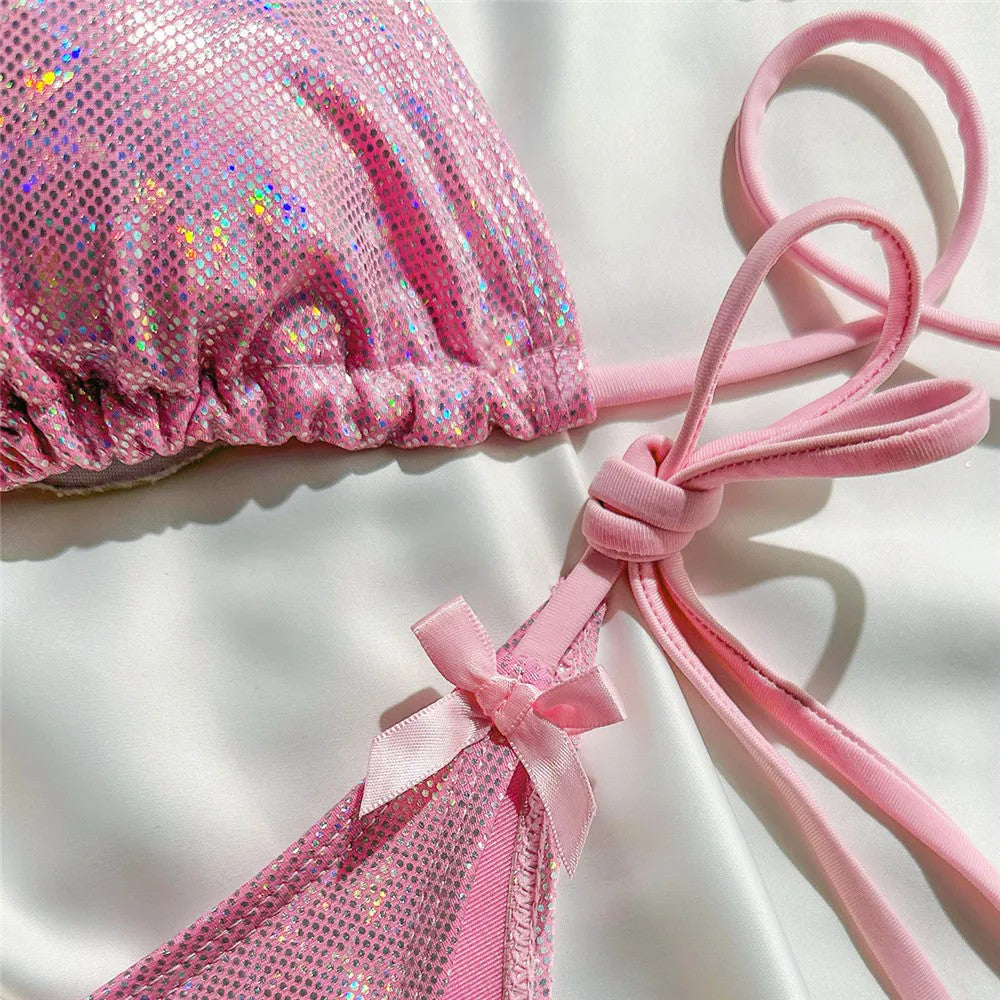 Yellow Halter String Triangle Micro Bikini Thong Solid Swimwears Micro Thong Sexy Swimsuit Women Bathing Suit Bikinis Sets 2025