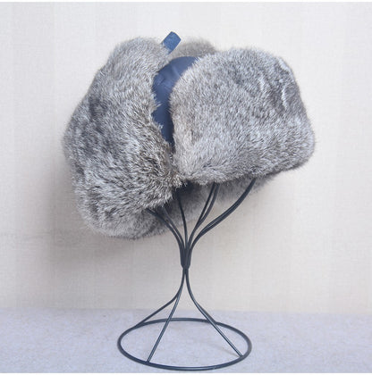 New Russia Winter Real fur Hat Men Outdoor Windproof Super Warm Real Rabbit Fur Bomber Hats Natural Soft Natural Rabbit Fur Caps