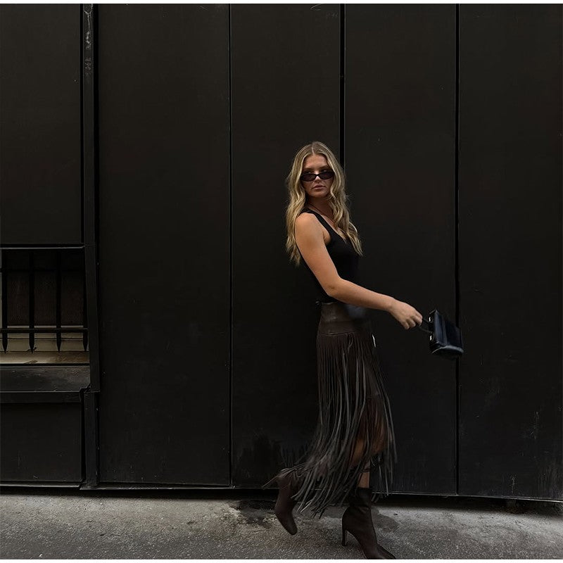 Tassel Leather Midi Skirt Women Solid High Street High-waist A-line Bodycon Long Skirts Spring Summer 2026 Chic All-match Outfit