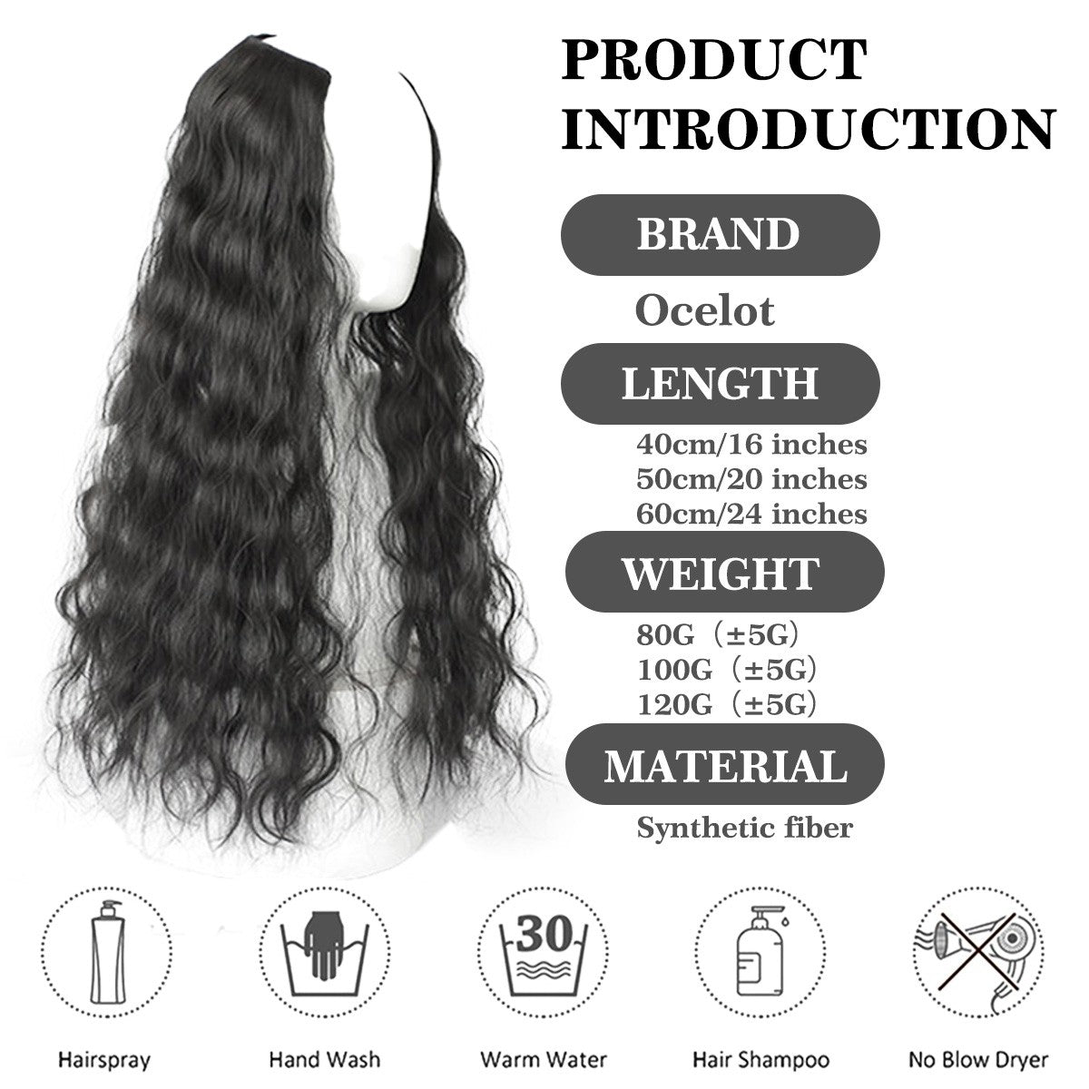 Ocelot Peruca de extensão de cabelo sintético ondulado de 40-60 cm com ondulação natural da água, acessórios de cabelo femininos, extensão de cabelo longo e cacheado