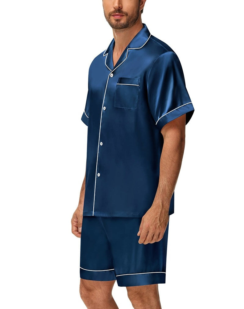 Men's Luxury Satin Pajama Set Short Sleeve Lapel Front Buttons Top And Elastic Shorts Comfortable Fit Loungewear Sleepwear Pjs