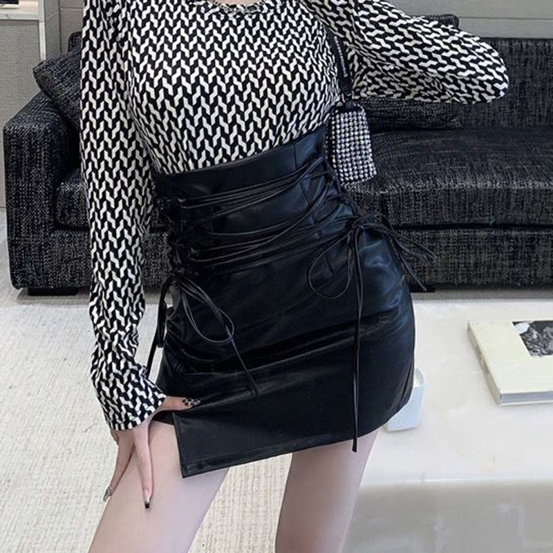 Black Leather Mini Skirts Women Gothic High Waist Slim Fit Lace Up Pencil Skirt Female Sexy Club Back Zipper Split Bag Hip Skirt