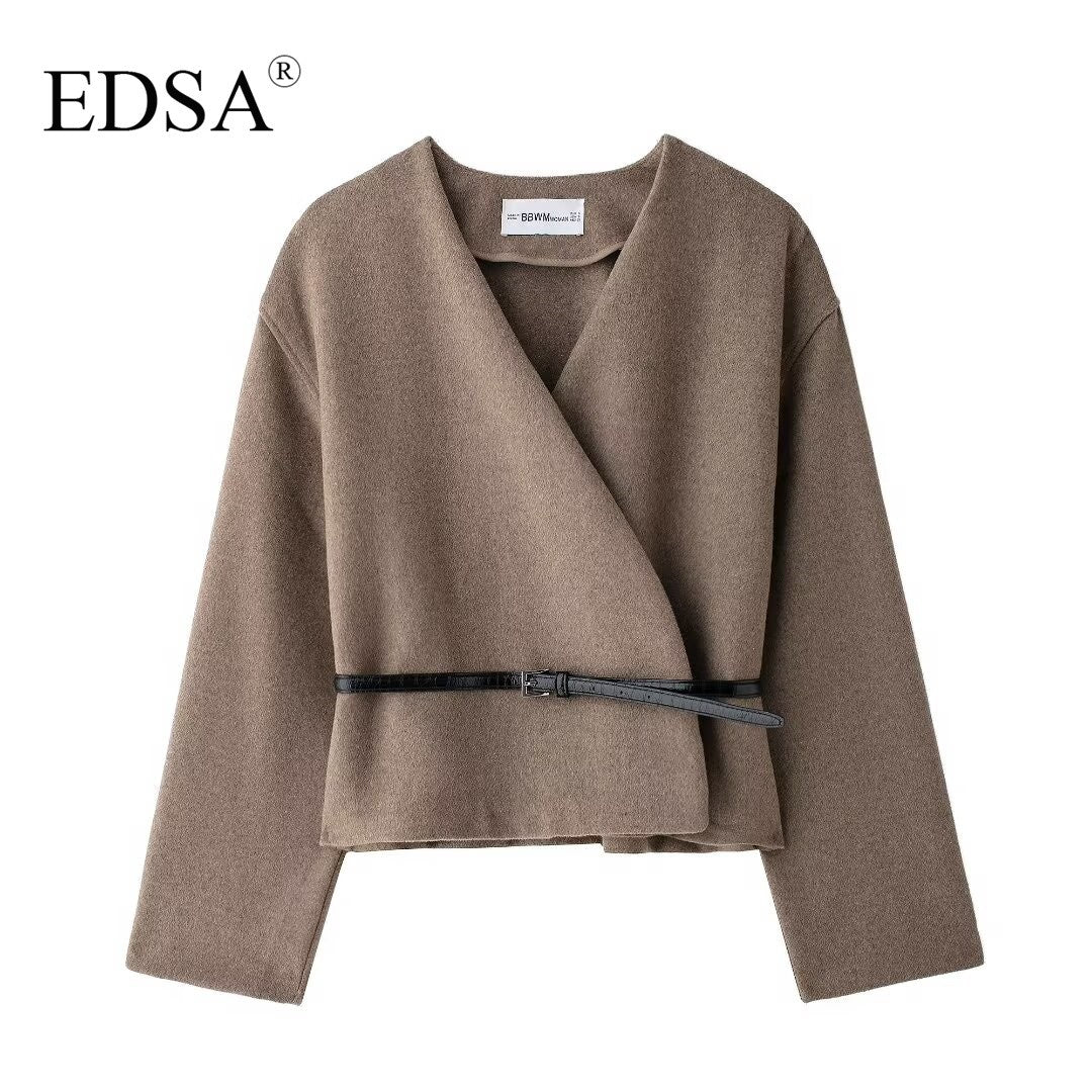 EDSA Women Soft Belted Jacket Wrap V-neck Long Sleeves New Elegant Lady Commute Outwear for Female