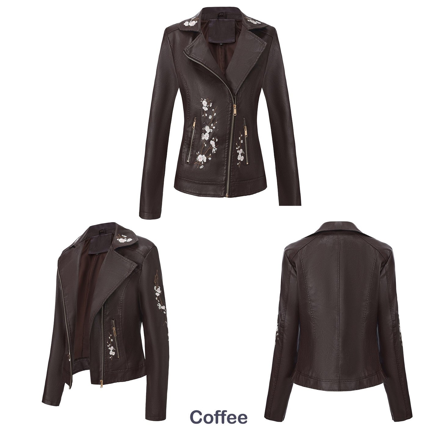 New Fall Women's Black Embroidered PU Jacket, Street-Style Brown Faux Leather Coat, Fashionable Beige Long Sleeves Top.
