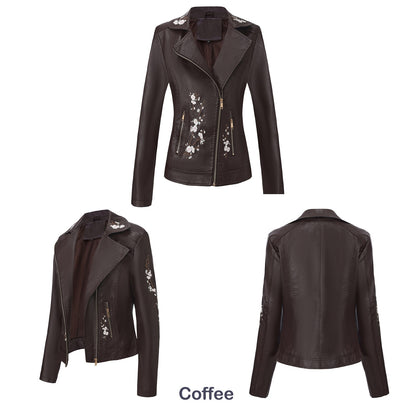 New Fall Women's Black Embroidered PU Jacket, Street-Style Brown Faux Leather Coat, Fashionable Beige Long Sleeves Top.