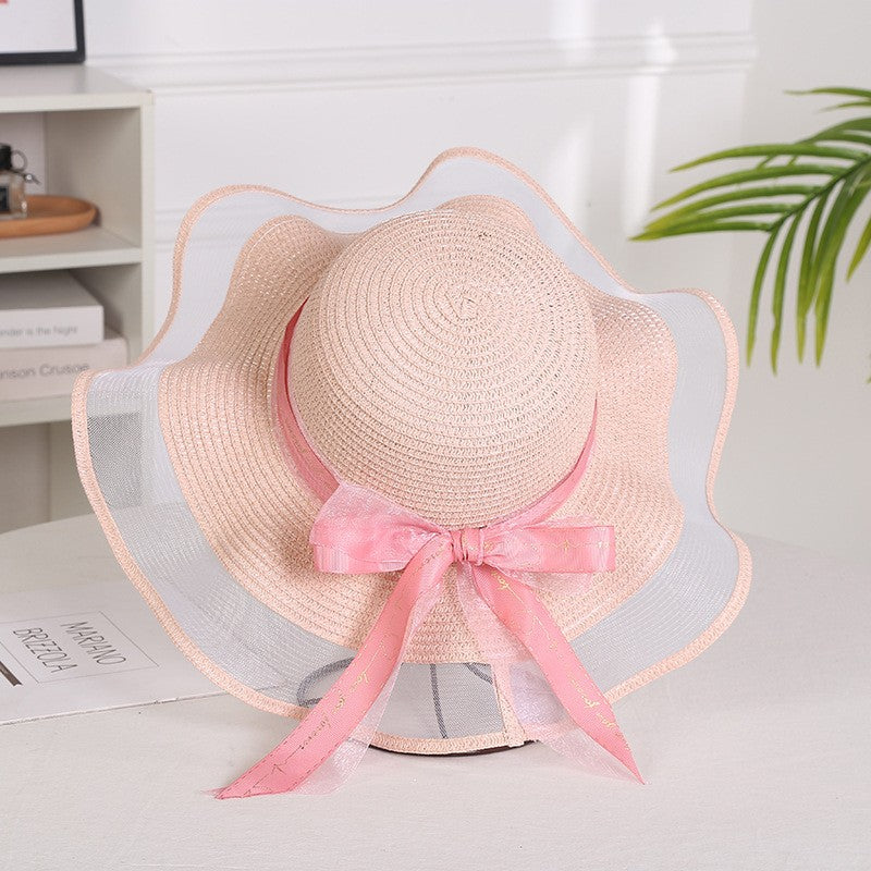 Chapéu de sol feminino dobrável de aba larga com laço, chapéu de palha elegante para proteção solar, moda praia 2021 gorras