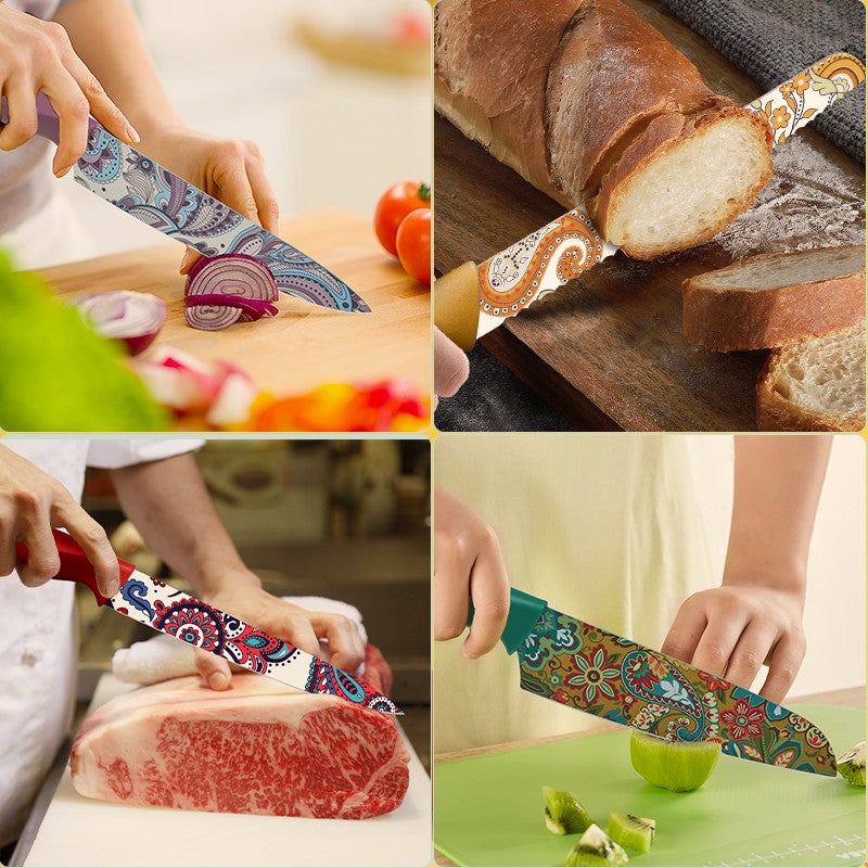 Conjunto de facas com padrão Paisley Astercook com capa, facas coloridas laváveis na lava-louças com 6 capas de faca, aço inoxidável alemão