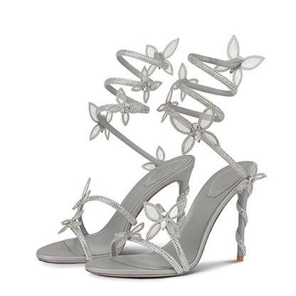 Sandália Feminina Sexy Eilyken com Flores de CRISTAL Salto Fino Alto Tiras Finas no Tornozelo Estilo de Rua Sapatos de Pole Dance