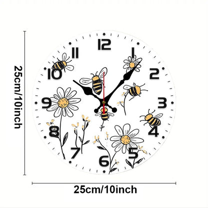 Bee And Daisy Wooden Round Silent Hanging Wall Clock, Suitable For Living Room, Office, Study Room, Bedroom, Home Decoration