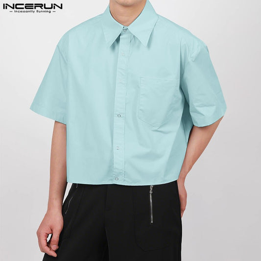 INCERUN Men's Shirts Solid Color Lapel Short Sleeve Pockets Button Male Crop Tops Streetwear Summer Loose Fashion Men Clothing