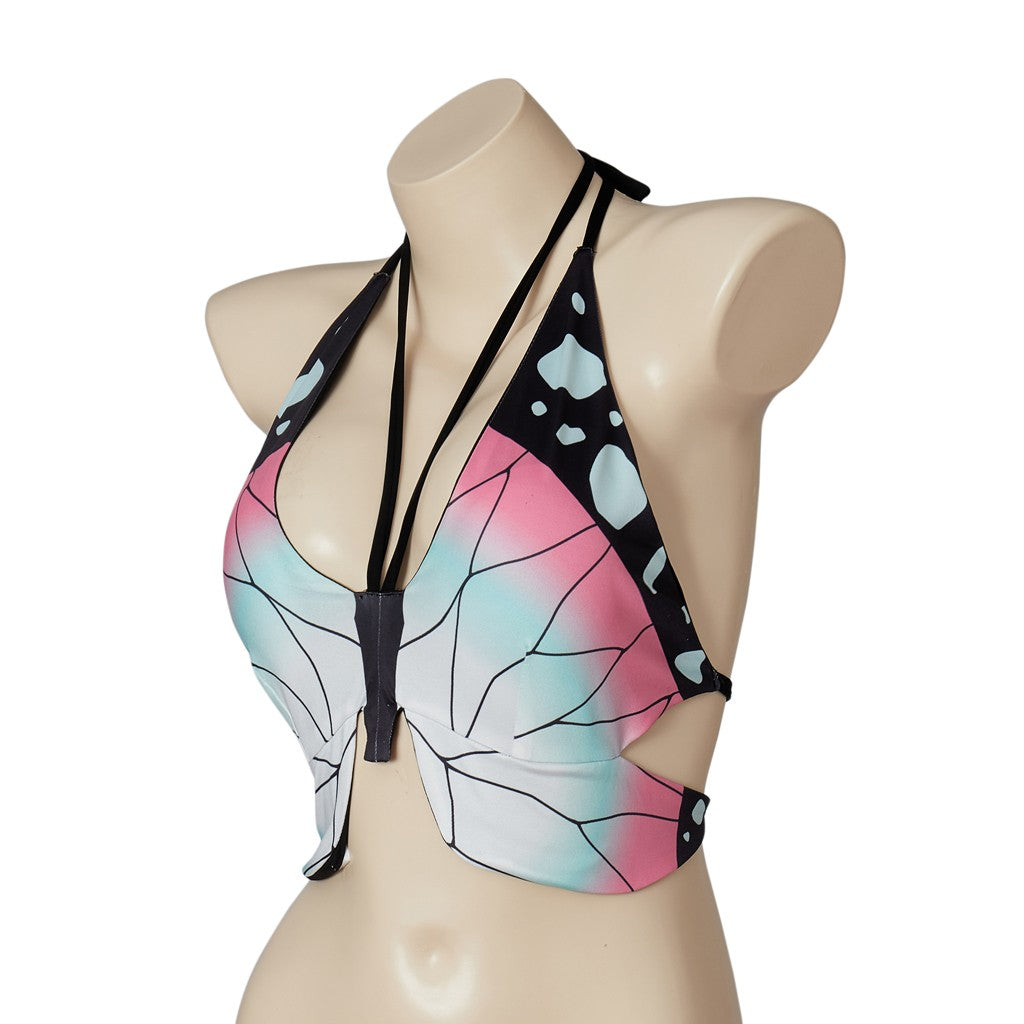 Kochou Shinobu Cosplay Costume Bustier Top Sexy Halter Neck Bikini Underwear Bathing Suit Swimsuit Halloween Beach Swimwear