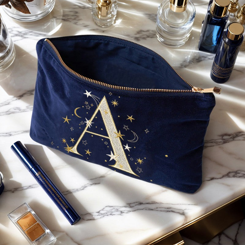 Alphabet Print Velvet Clutch Makeup Bag - Fashionable Cosmetic Pouch with Glittering Star Motif