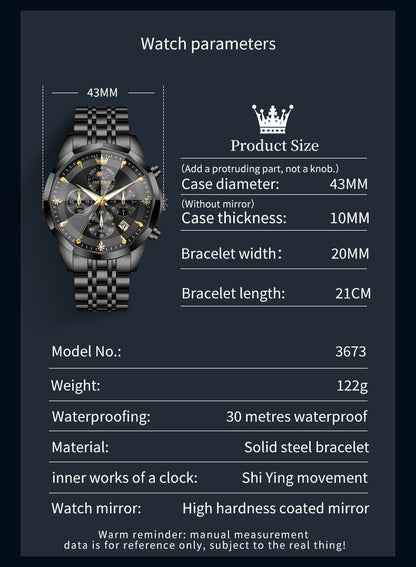 OLEVS Original Fashion Moon Phase Men's Watches Waterproof Chronograph Quartz Watch Stainless steel Calendar Brand Wristwatch