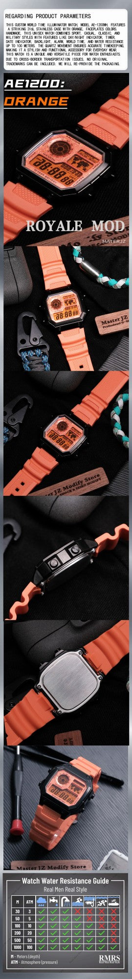 Full Custom AE1200 Royale Watch Mod Kit Watch Dial&Case&Strap Unique Customized Digital Military Watch Modification