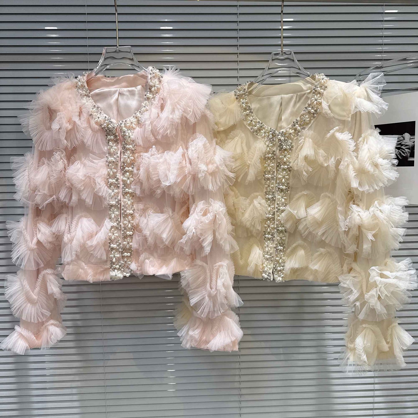 2025 Autumn New French Pearl Lace Layered Mesh Jacket Top