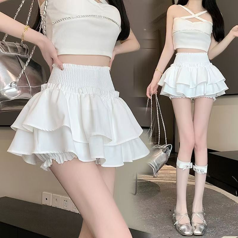 Princess Kawaii Sweet Mini Skirt Elastic High Waist Ballet-Style Tiered Skirt New White Casual Matching Girl's Short Cake Skirt