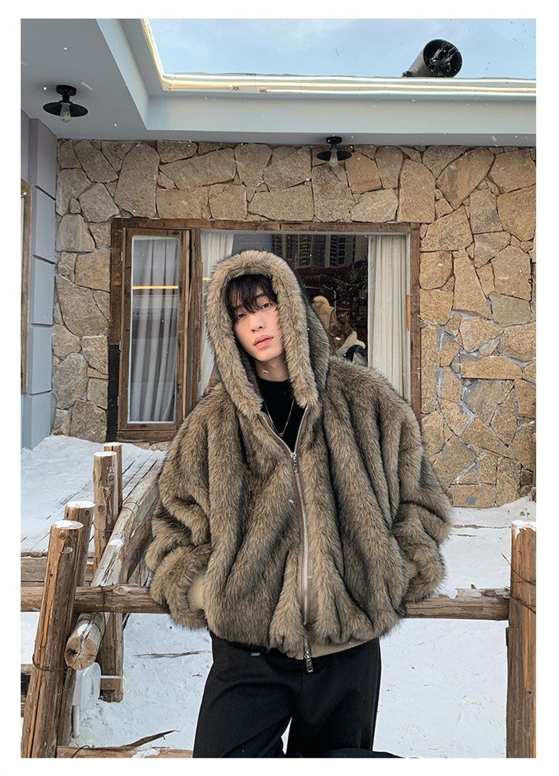 Pi Shuai Coat 2024 Winter Autumn/Winter New Men New Style Fox Imitation Fur Coat Leather Fashion Loose Thick Warm Coat Commuter