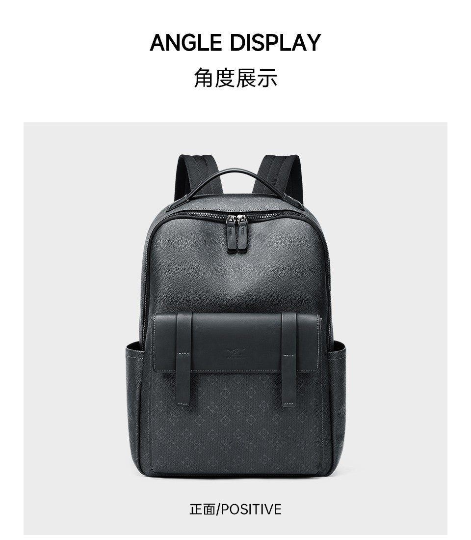 Septwolves Luxury Leather Backpack for Men Monogram Printed Stylish Laptop Backpack 15 Inch Travel Bag Black Business Backpack
