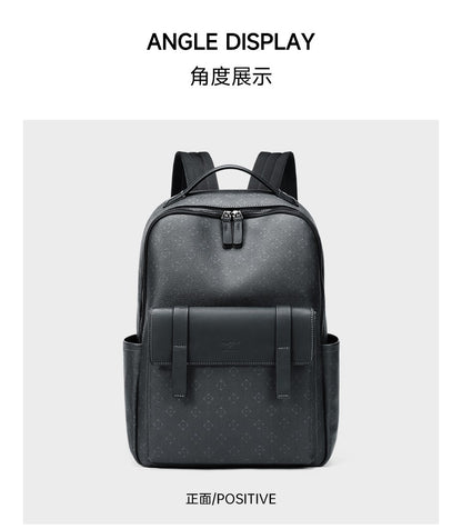 Septwolves Luxury Leather Backpack for Men Monogram Printed Stylish Laptop Backpack 15 Inch Travel Bag Black Business Backpack