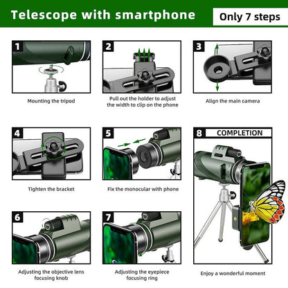 Telescópio Monocular Potente 80x100 HD ZOOM Binóculos Portáteis de Longo Alcance para Caça e Camping com Tripé e Suporte para Celular