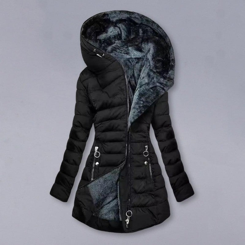 Long Sleeve Coat Solid Women's Winter Jacket with Plush Lining Hooded Outerwear Warm Windproof Down Coat for Cold Weather