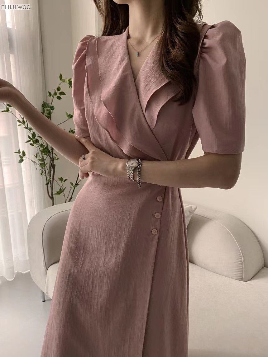 South Korea Chic Midi Dress Women Summer Japan Style Retro Vintage Design Ruffle