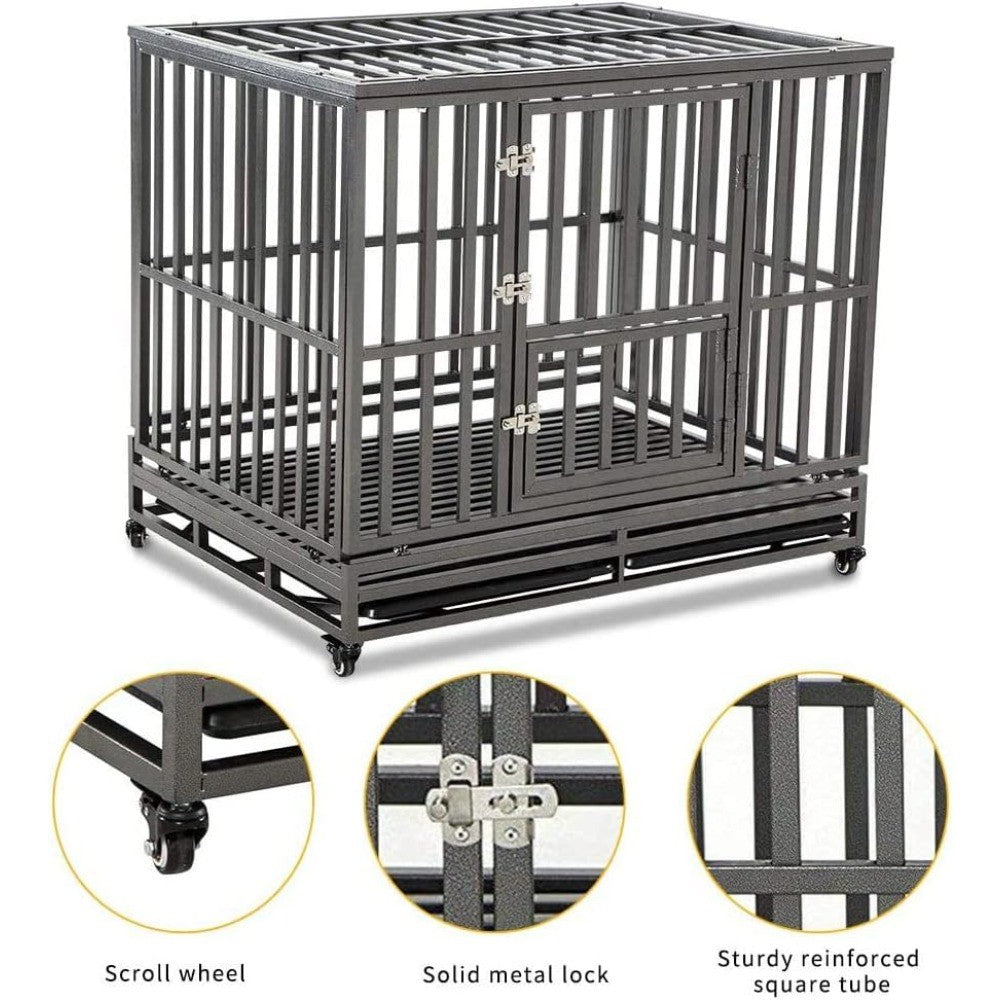 Caixa Metálica de Alta Resistência para Cães, Canil e Grade para Cães de Porte Médio e Grande, Cercadinho para Pets com Quatro Rodas, Fácil de Instalar, 116 cm, Preto
