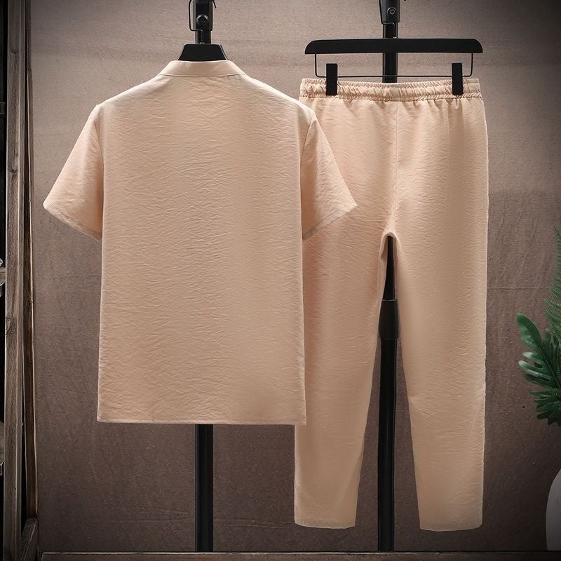 Summer New Fashion Solid Color Breathable Cotton and Linen Suit Men's Leisure Loose Sports Large Size High-Grade Two-Piece Set