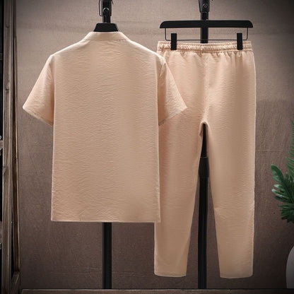 Summer New Fashion Solid Color Breathable Cotton and Linen Suit Men's Leisure Loose Sports Large Size High-Grade Two-Piece Set