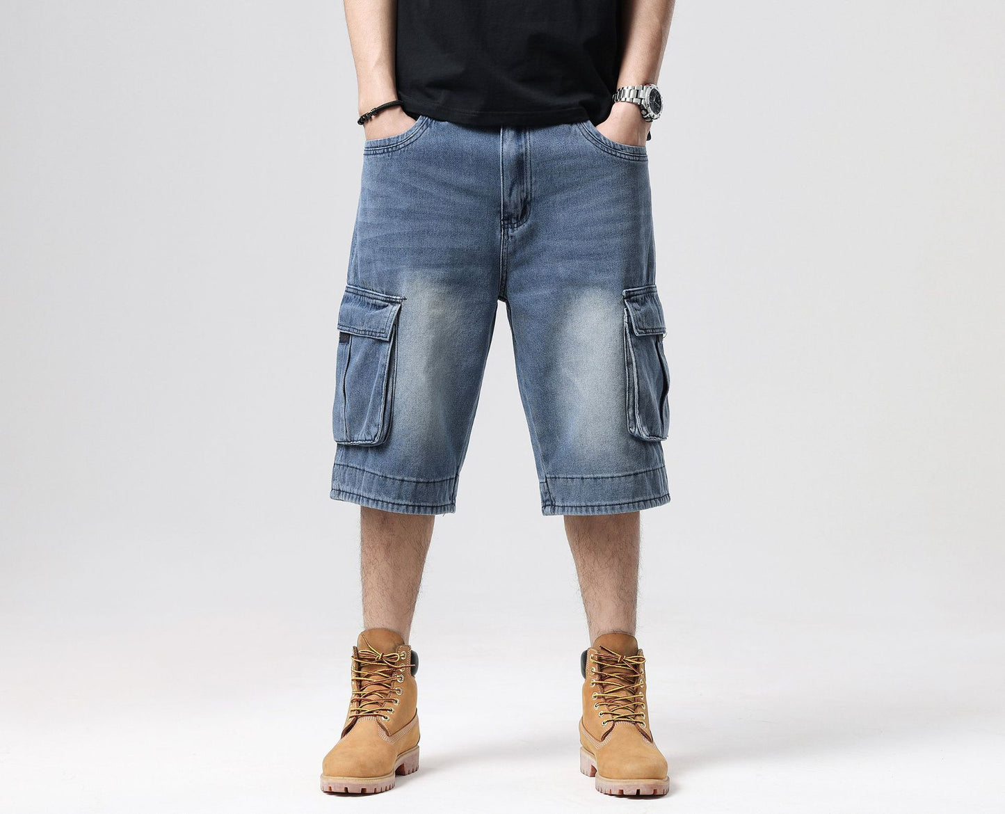 ABOORUN Mens Plus Size Loose Baggy Denim Shorts Fashion Streetwear Hip Hop Skateboard Cargo Jeans Short for Male R1402