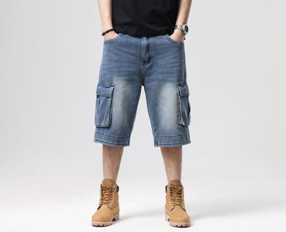 ABOORUN Mens Plus Size Loose Baggy Denim Shorts Fashion Streetwear Hip Hop Skateboard Cargo Jeans Short for Male R1402