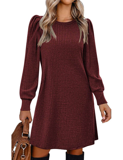 Y2K autumn and winter women's crew neck solid color sweater bubble sleeve fashion commuter dress comfortable casual loose dress