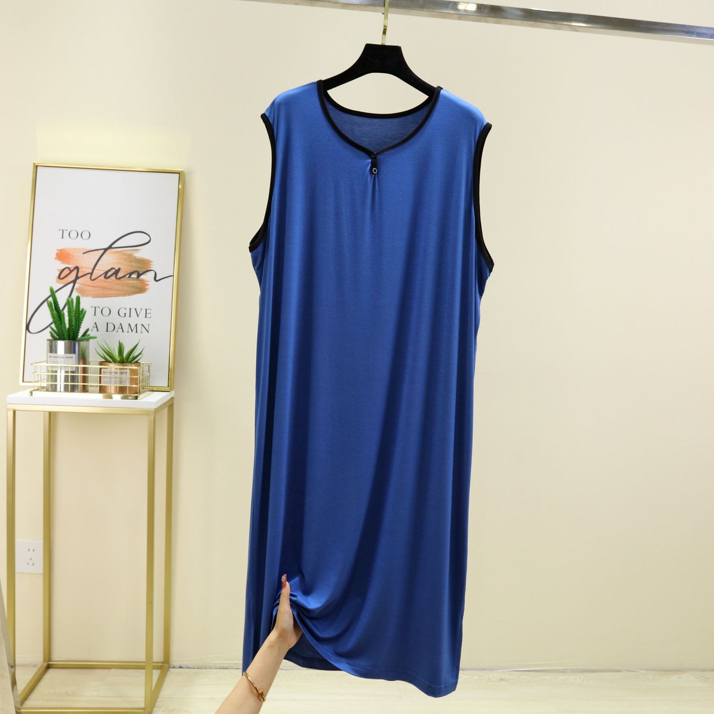 Modal Cotton Men Plus Size Pajamas Night Gown for Summer Solid Color Thin Sleeveless Medium Long Loose Button Vest Style Dress