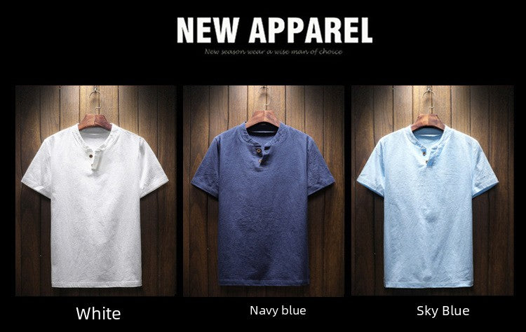 Men's Summer Loose-fit Short Sleeve Linen T-shirt Cotton Linen Body Solid Color Breathable V-neck Thin Top