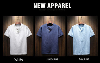 Men's Summer Loose-fit Short Sleeve Linen T-shirt Cotton Linen Body Solid Color Breathable V-neck Thin Top