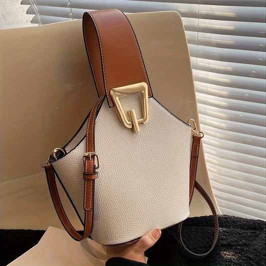 French-Inspired Elegant Beige Bucket Bag. Large Capacity, Golden Lock & Adjustable Strap. Perfect for Work, Travel & Daily Use.