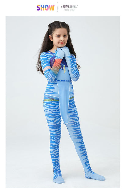 Girls Avatar 2 Neytiri Costume Tail Suit Boys Jake Sully Cosplay Zentai Bodysuit Jumpsuit Kids Halloween Birthday Party Costume