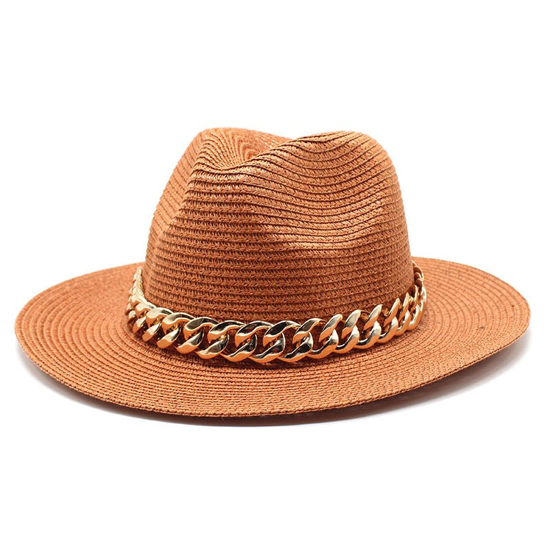 Set Straw Hat and Bag Set Gold Chain Bag Hat Set Ladies Leather Bag Tote Church Fedora Party Jazz Straw Hat