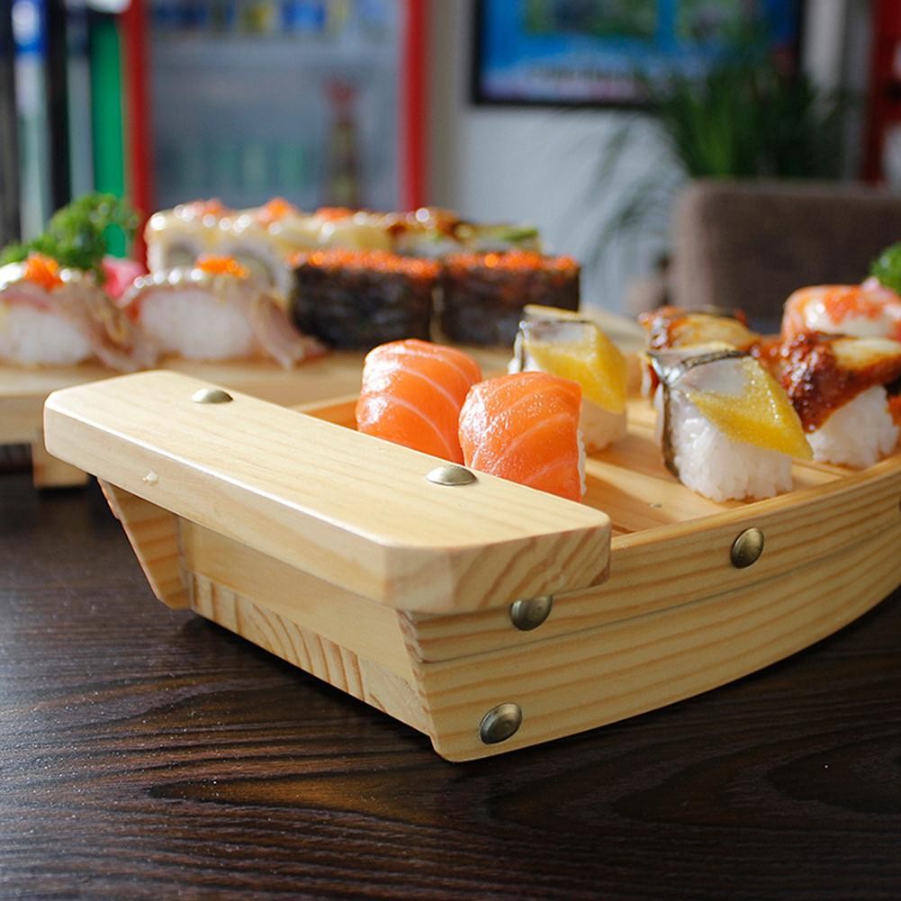 Japanese Style Wooden Ship Shaped Sushi Sashimi Tray Durable Creative Platter Cuisine Tableware Decoration Ornament