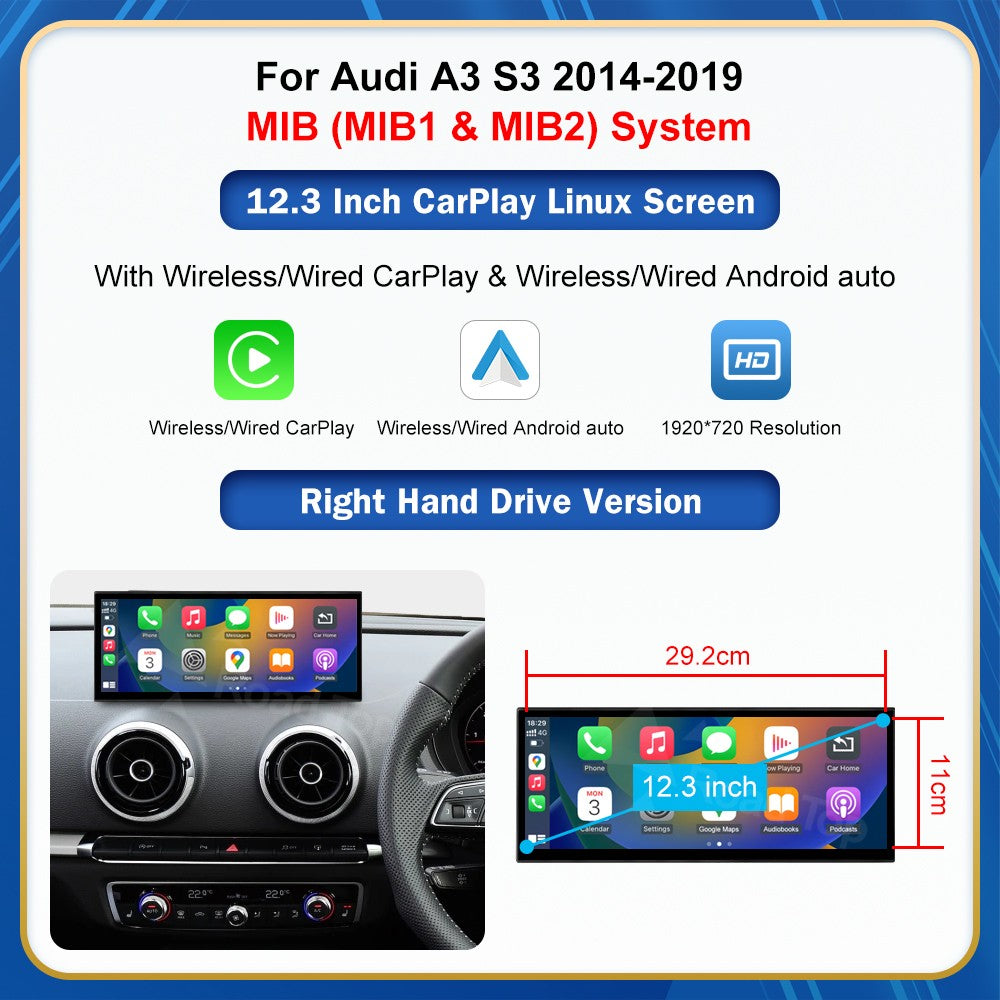 12.3'' Touch Display For Audi A3 S3 2014-2019 Road Top 12.3 Inch Multimedia Player Andriod Auto Link GPS Carplay Screen Car Play