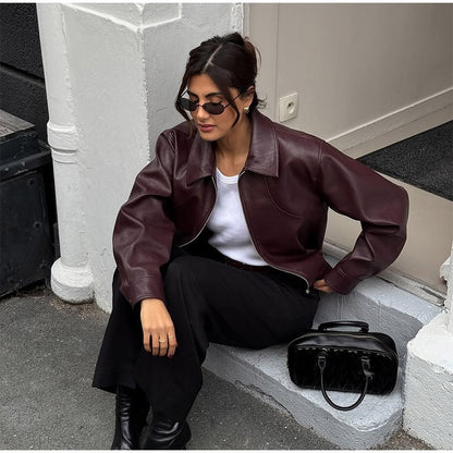 Full Sleeve Cropped Women Casual Slim Thin Motorcycle Coat Chic Zipper Lapel Wine Red Leather Jacket Lady New Highstreet Outwear