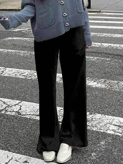 Chic Satin Wide Leg Dress Pants Women's Stylish Elastic Waist Loose Fit Long Trousers for Streetwear Work Solid Color