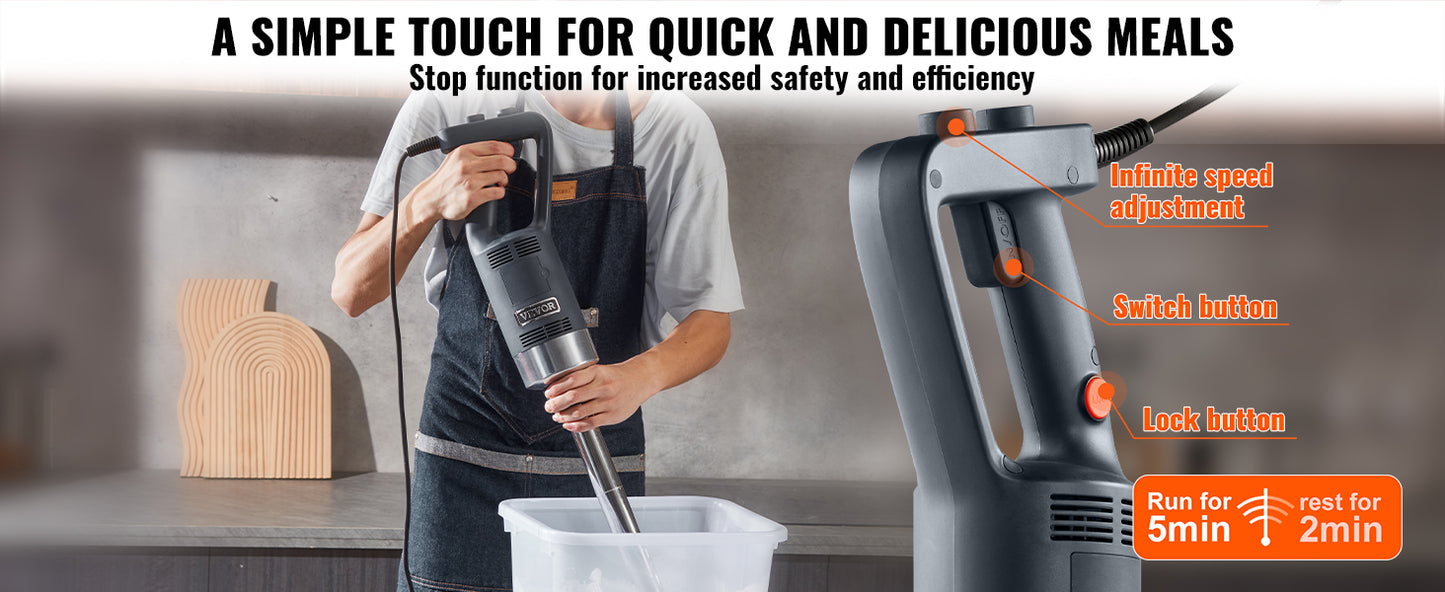 SucceBuy Commercial Immersion Blender 500 Watt Heavy Duty Hand Mixer Variable Speed Kitchen Stick Mixer with 304 Stainless Steel