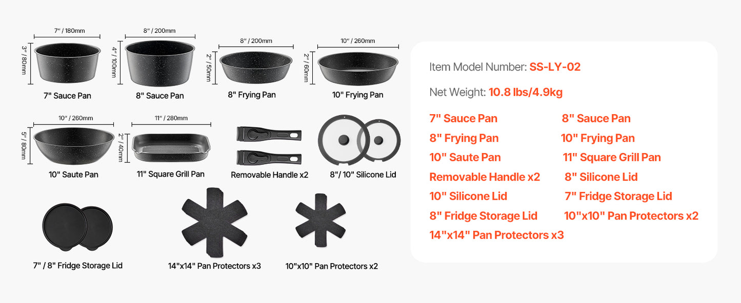 VEVOR 17 Pcs Nonstick Cookware Set Granite Pots and Pans Set Induction Cookwares Kitchen Cooking Set with Frying Sauce Saute Pan