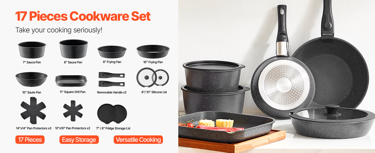 VEVOR 17 Pcs Nonstick Cookware Set Granite Pots and Pans Set Induction Cookwares Kitchen Cooking Set with Frying Sauce Saute Pan