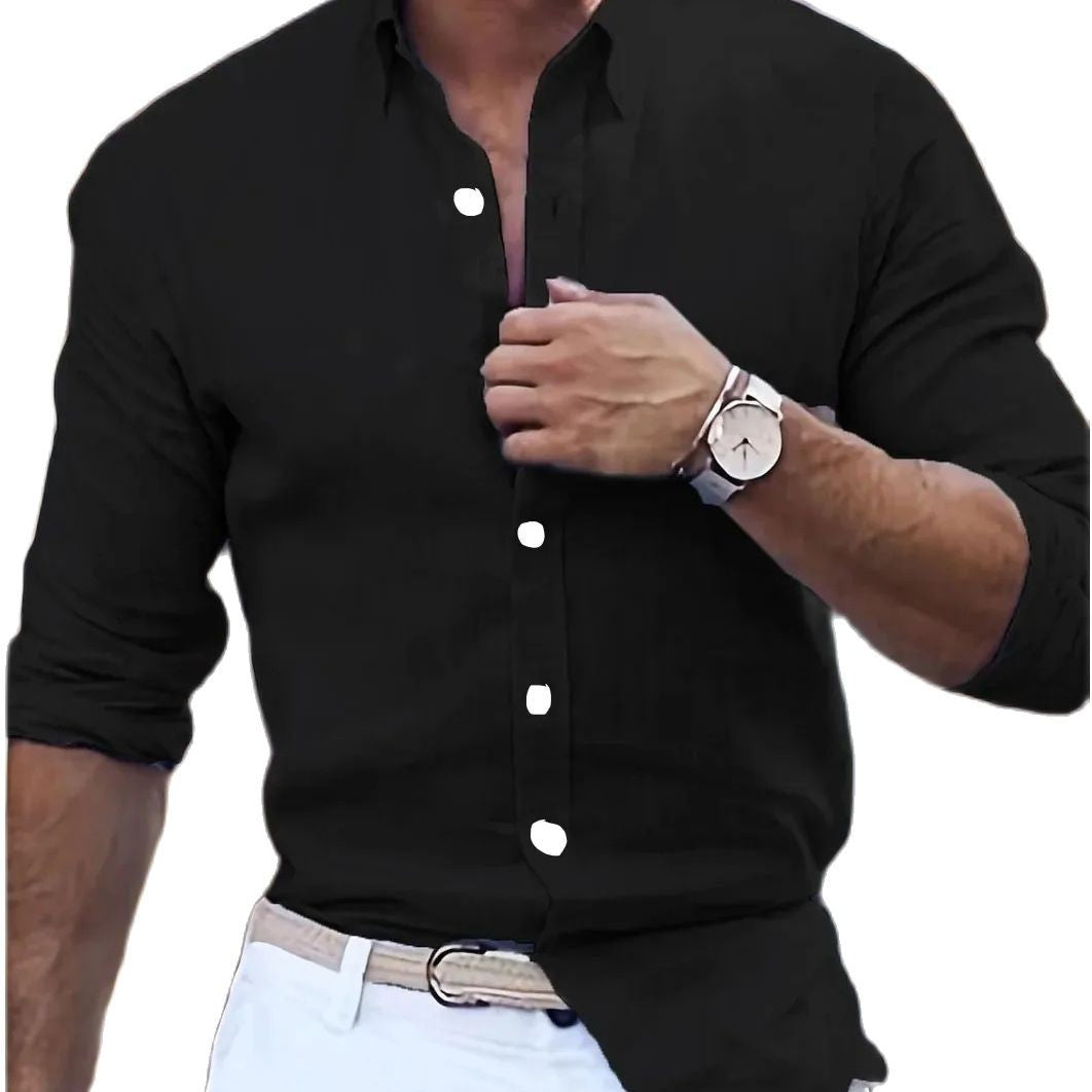 Men's Spring And Summer New Cotton Hemp New Men's Cool Long Sleeve Shirt Solid Color Loose Lapel Casual Beach Style Shirt