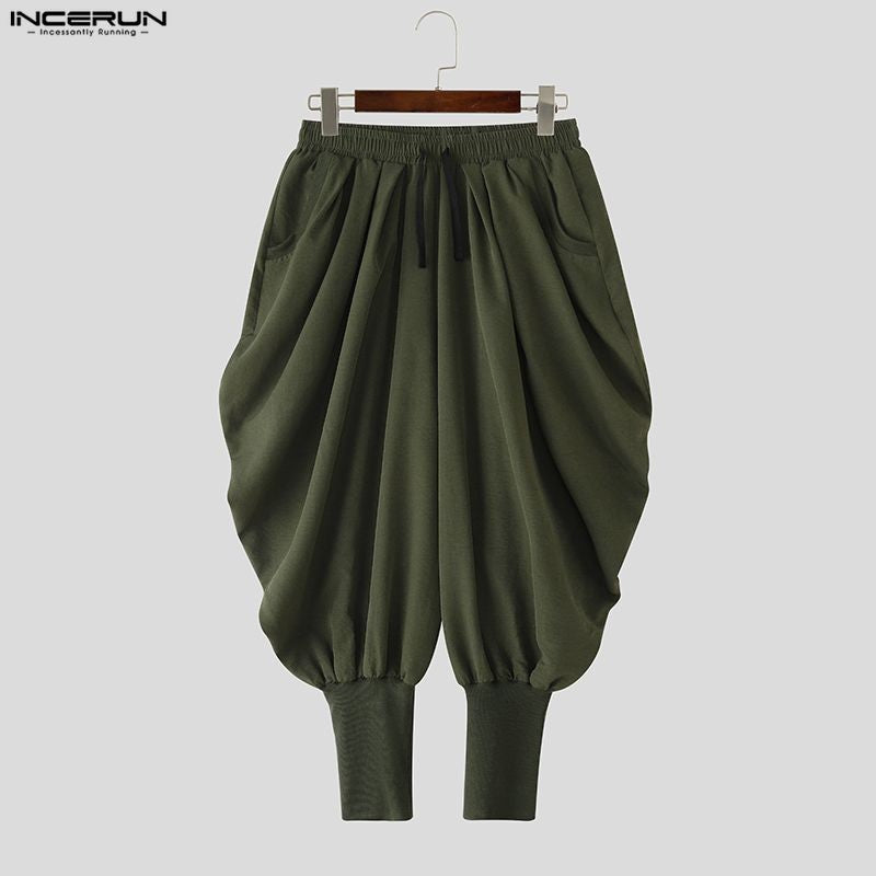 INCERUN Men Pants Solid Color Drawstring Joggers Casual Male Harem Pants Streetwear Loose Fashion Leisure Trousers Men S-5XL