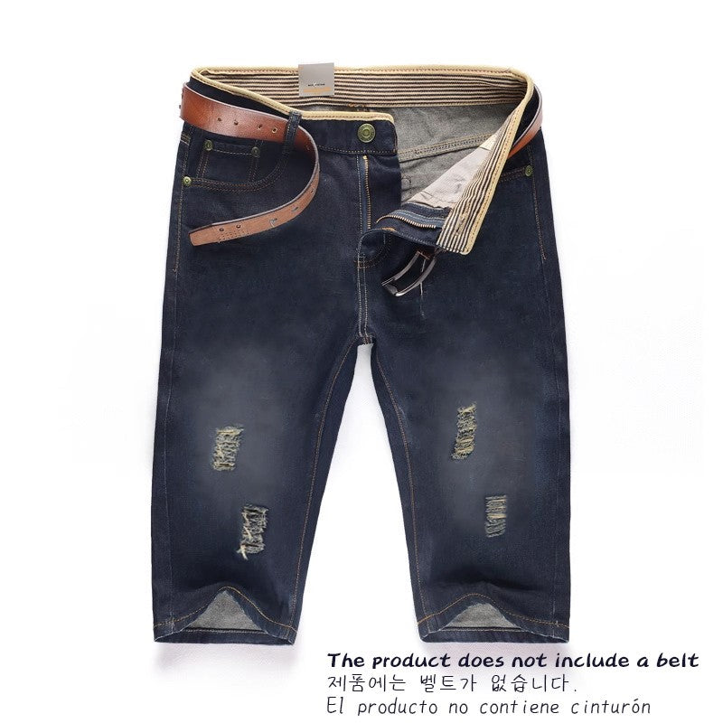 29-40 New Summer Men's Personalized Washable Perforated Denim Pants Large Casual Middle Pants